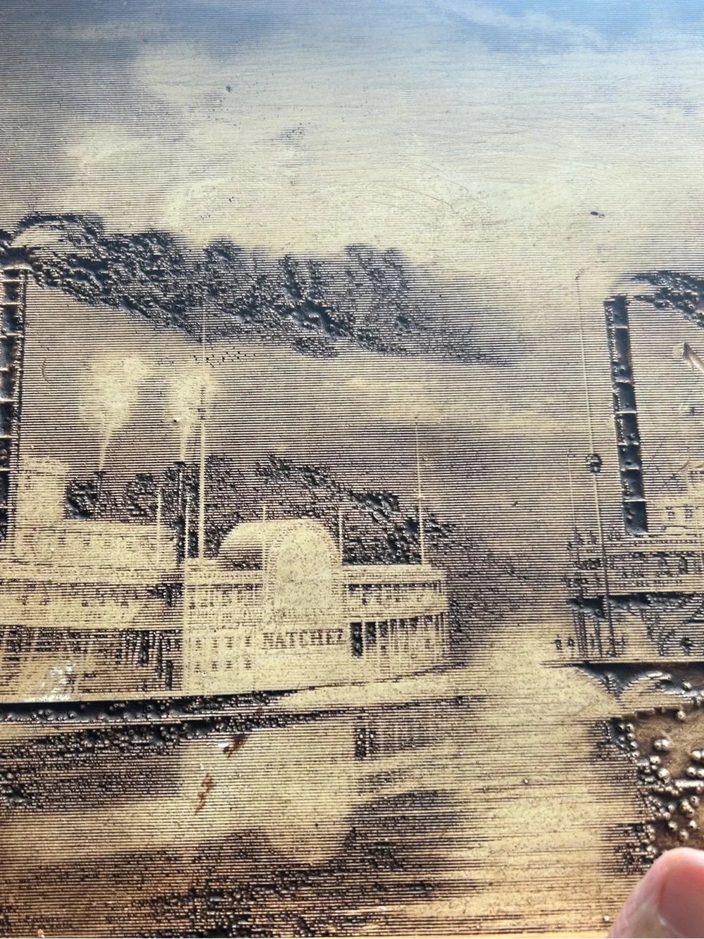 vintage wood-burned or engraved art titled 